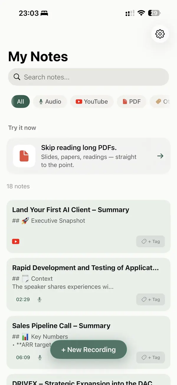 Soliqo app preview — My Notes screen
